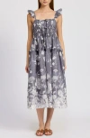 En Saison Sydney Floral Tiered Midi Sundress In Washed Blue Ivory