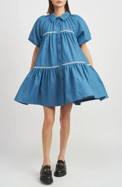 En Saison Tara Tiered Cotton Trapeez Shirtdress In Chambray