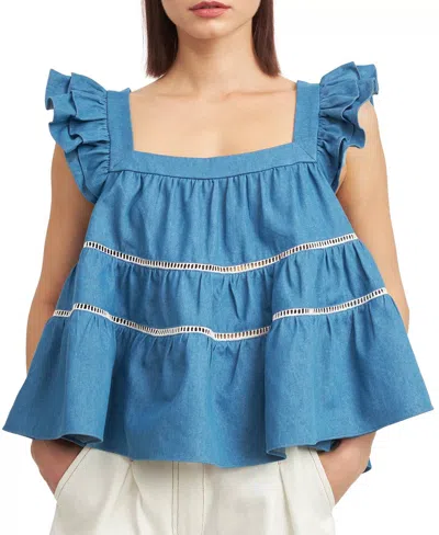 En Saison Tara Top In Denim In Blue