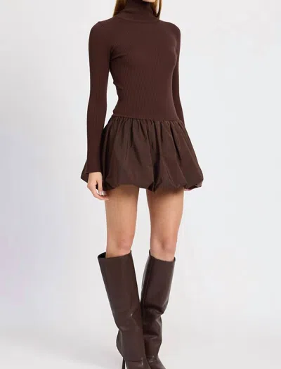 En Saison Turtle Rib Sweater Mini Dress In Espresso In Brown