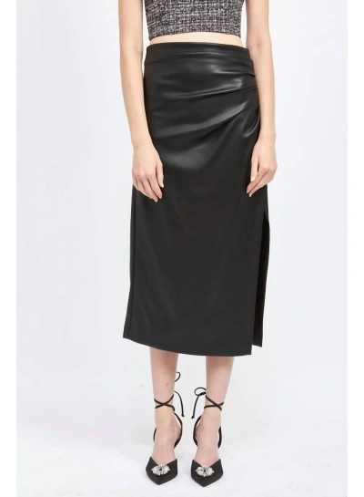 En Saison Vegan Leather Midi Skirt In Black