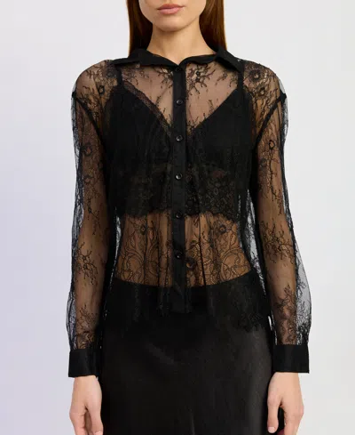 En Saison Darcy Long Sleeve Sheer Lace Button Down Top In Black