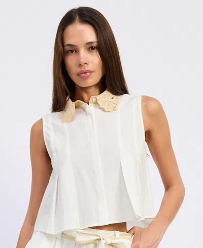En Saison Pleated Crochet Collar Top In White