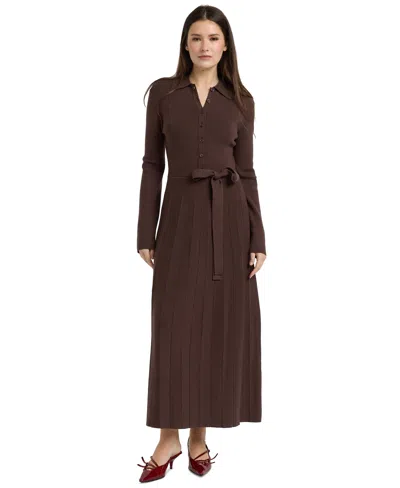 En Saison Women's Collared Button-front Tie-waist Pleated Knit Maxi Dress In Brown