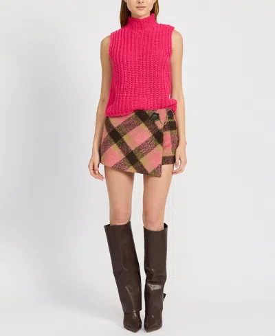 En Saison Elizabeth Plaid Faux-wrap Mini Skort In Brown/rose In Brown,rose