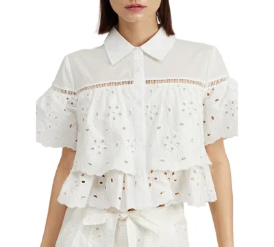 En Saison Women's Marina Cotton Eyelet Crop Shirt In White