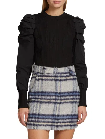 En Saison Women's Mixed Media Ribbed Puff Sleeve Top In Black