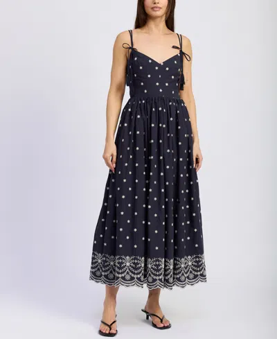 En Saison Women's Nara Cotton Embroidered Tie-strap Midi Dress In Blue