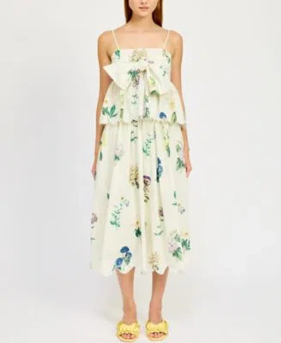 En Saison Womens Ashley Cotton Babydoll Peplum Top Ashley Floral Print Belted Scalloped Hem Cotton Midi Skirt In Neutral