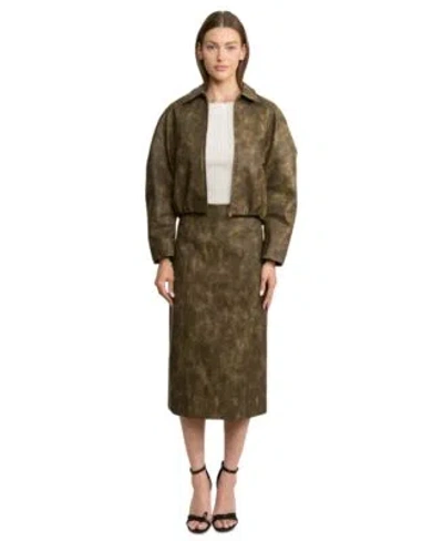 En Saison Womens Olive Front Zipper Jacket Olive Zipper Midi Skirt