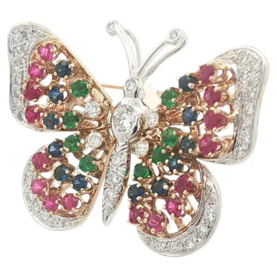 Pre-owned En Tremblant 14k Gold Ruby Sapphire Emerald Diamond Large Butterfly Pin Brooch In Green