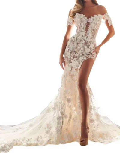 Enchanting By Mon Cheri Lined High Slit Off The Shoulder Wedding Gown In Ivory/champagne In Neutral