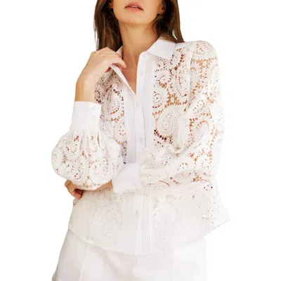 Endless Blu. Boho Lace Long Sleeved Button Down Top In Off White