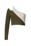 Endless Blu. Colorblocked Ribbed-knit One-sleeve Top In Olive Ecru In Green