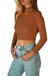 Endless Blu. Cropped Open-back Mock Neck Sweater In Amber Brown In Brown