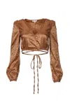 Endless Blu. Cropped Satin-jacquard Wrap Top In Spice In Brown