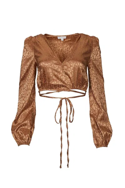 Endless Blu. Cropped Satin-jacquard Wrap Top In Spice In Brown