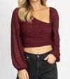 Endless Blu. Dotted Asymmetric Ruched Top In Cabernet In Multi