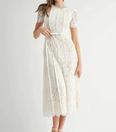 Endless Blu. Elegant Lace Midi Dress With Embellished Collar In Off White