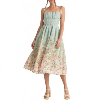 Endless Blu. Floral Print Midi Dress In Sage In Green