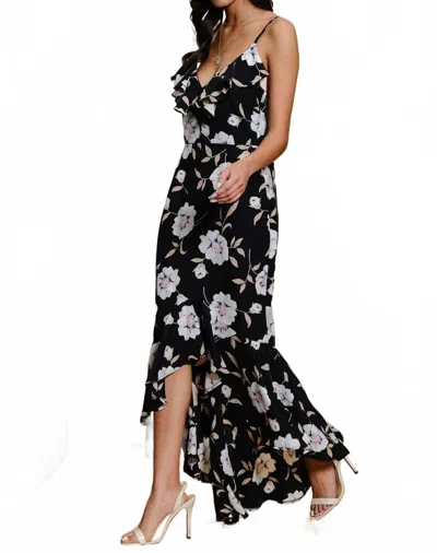 Endless Blu. Floral Ruffle Hem Midi Dress In Black/white In Multi