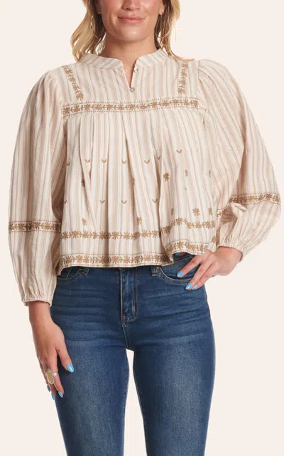 Endless Blu. Ivory & Beige Embroidered Long Sleeve Top In White