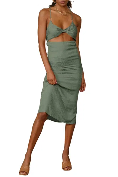 Endless Blu. Leopard Satin-jacquard Twisted Cutout Midi Dress In Sage In Gray