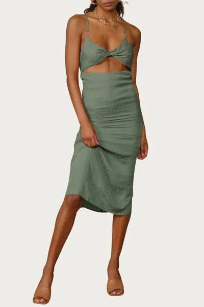 Endless Blu. Leopard Satin-jacquard Twisted Cutout Midi Dress In Sage In Black
