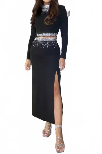 Endless Blu. Lucia Rhinestone Embellished Midi Skirt In Black