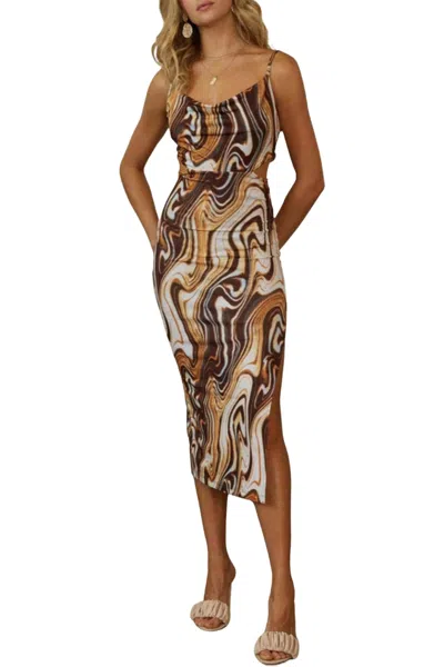 Endless Blu. Marble-print Cowl Stretch-jersey Cutout Midi Dress In Rust/brown In Multi