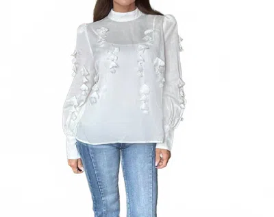 Endless Blu. Marla Mock Neck Floral Trim Blouse In Off White