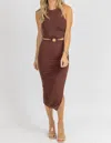 Endless Blu. O-ring Halter Tie Midi Dress In Mocha In Red