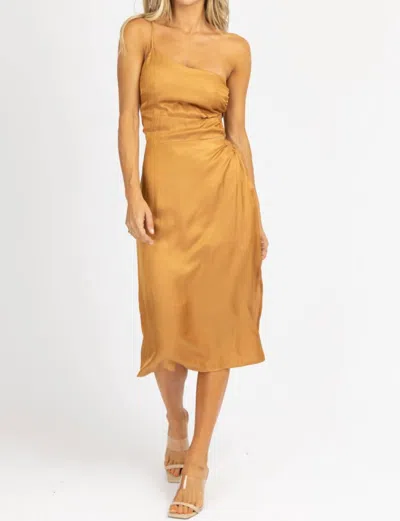 Endless Blu. O-ring Satin One Shoulder Midi Dress In Caramel In Yellow