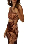 Endless Blu. One-shoulder Satin Cutout Midi Dress In Bronze In Brown
