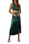 Endless Blu. One-shoulder Satin Cutout Midi Dress In Jewel Green In Green