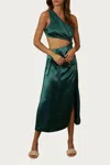 Endless Blu. One-shoulder Satin Cutout Midi Dress In Jewel Green In Multi
