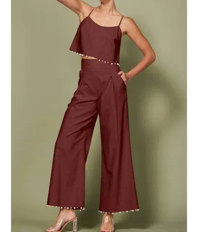 Endless Blu. Pearl Trimmed Linen Blend Crop Top In Rust In Brown