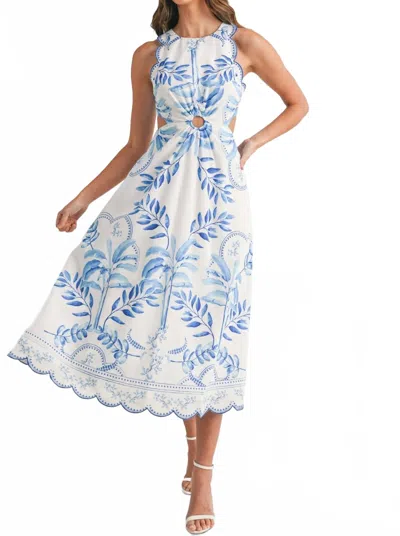 Endless Blu. Printed Scallop Midi Dress In Blue