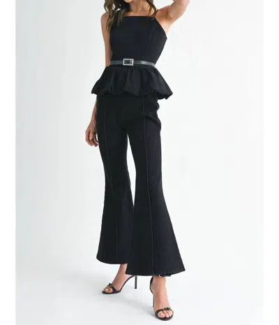 Endless Blu. Rhinestone Belted Boot Cut Romper In Dark Denim In Black