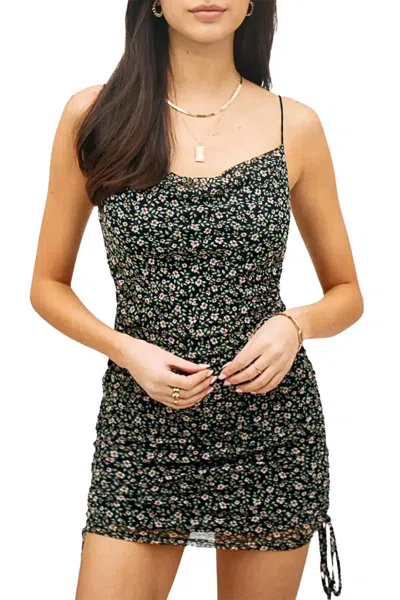 Endless Blu. Ruched Floral Mini Dress In Black In Animal Print