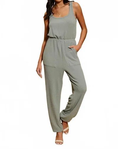 Endless Blu. Side Pockets And Elastic Waist Jumpsuit In Sage In Gray