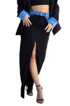 Endless Blu. Tatiana Skirt With Denim Accents & High Slit In Black In Black