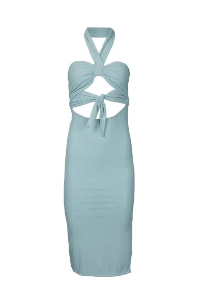 Endless Blu. Tie Front Detail Rib Bodycon Dress In Sage In Blue