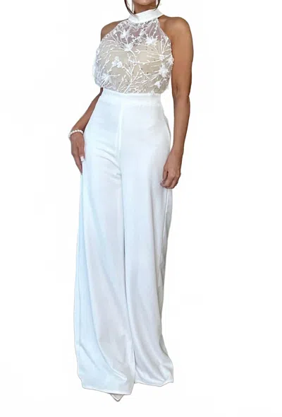 Endless Blu. Zuri Wide Leg Jumpsuit With Lace Halter In White In Brown