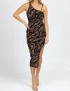 ENDLESS BLU. ASYMMETRIC CUTOUT MIDI DRESS IN MOCHA ABSTRACT