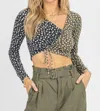 Endless Blu. Asymmetric Shirred Tie Crop In Navy + Olive In Multi