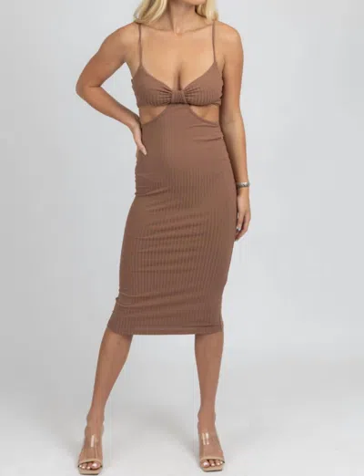 Endless Blu. Cutout Ribbed Midi Dress In Mocha In Brown