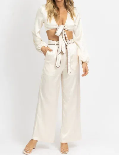 Endless Blu. Front Tie Trouser Pant Set In Satin Creme In Multi