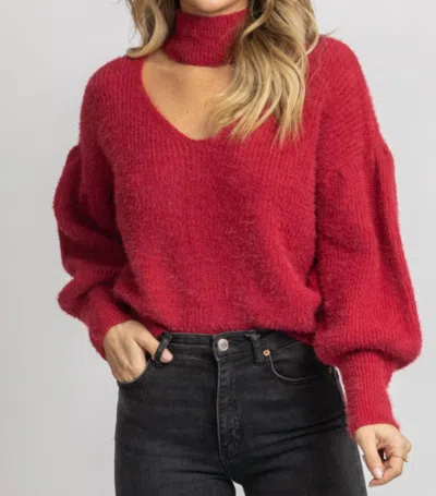 Endless Blu. Fuzzy Open Neck Turtleneck Sweater In Red In Pink