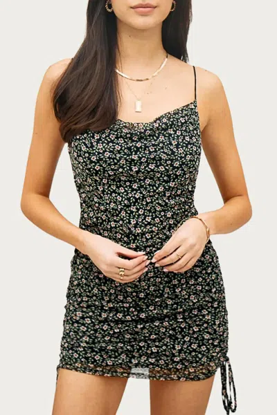 Endless Blu. Ruched Floral Mini Dress In Black In Green